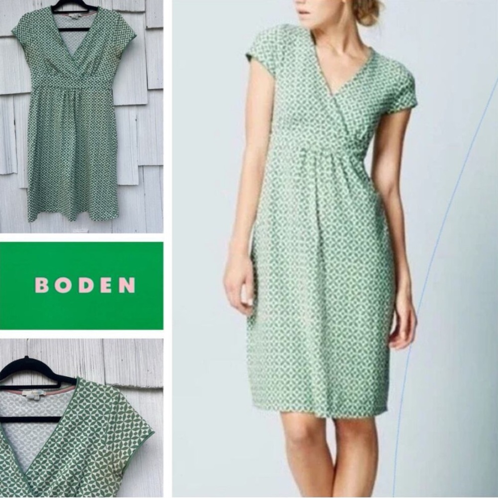 🕞 Boden‎ | Lola Jersey Knit Surplice Day Dress | Green/White | 14R